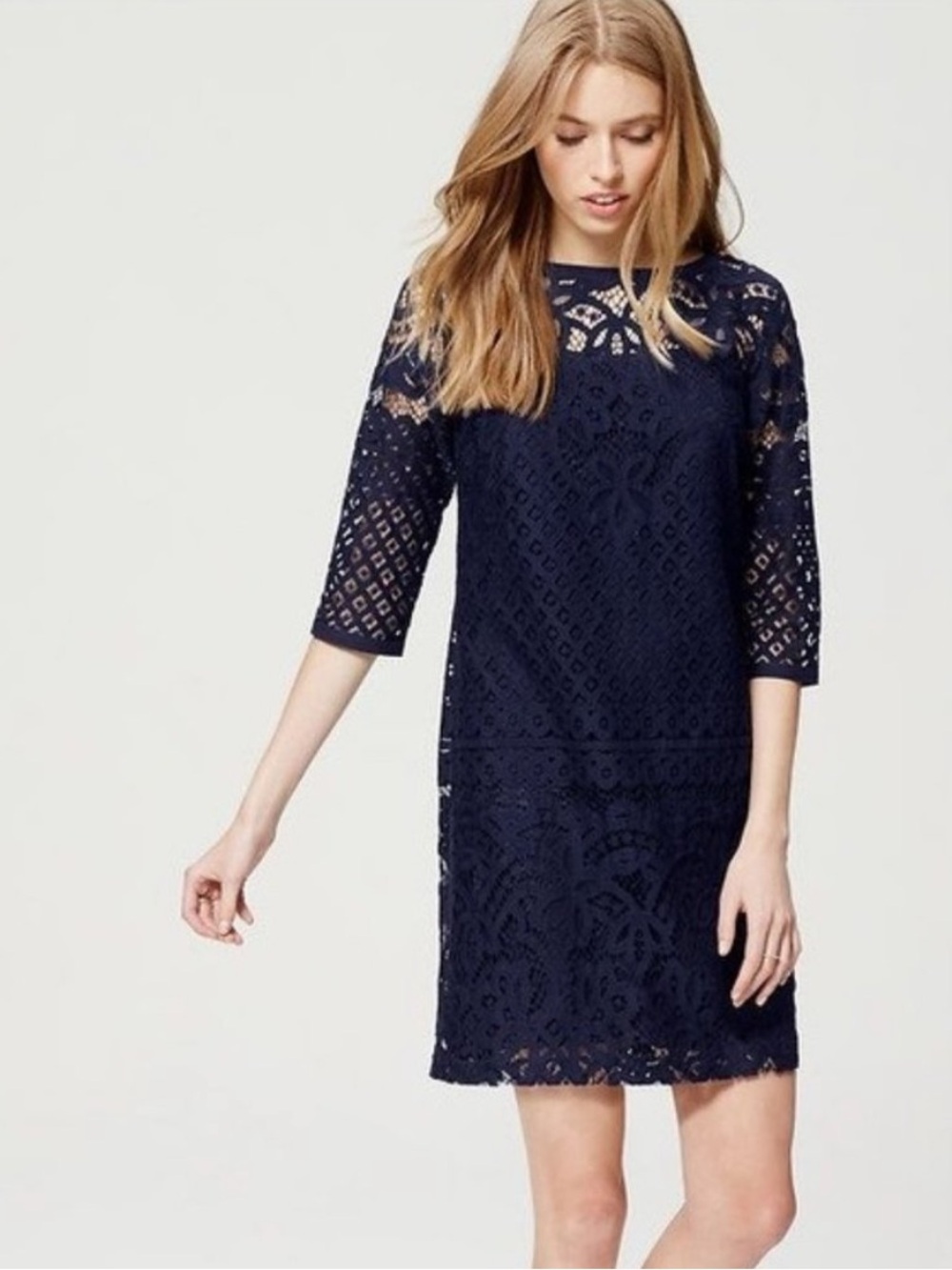 LOFT Navy Lace Three-Quarter Sleeve Shift Dress